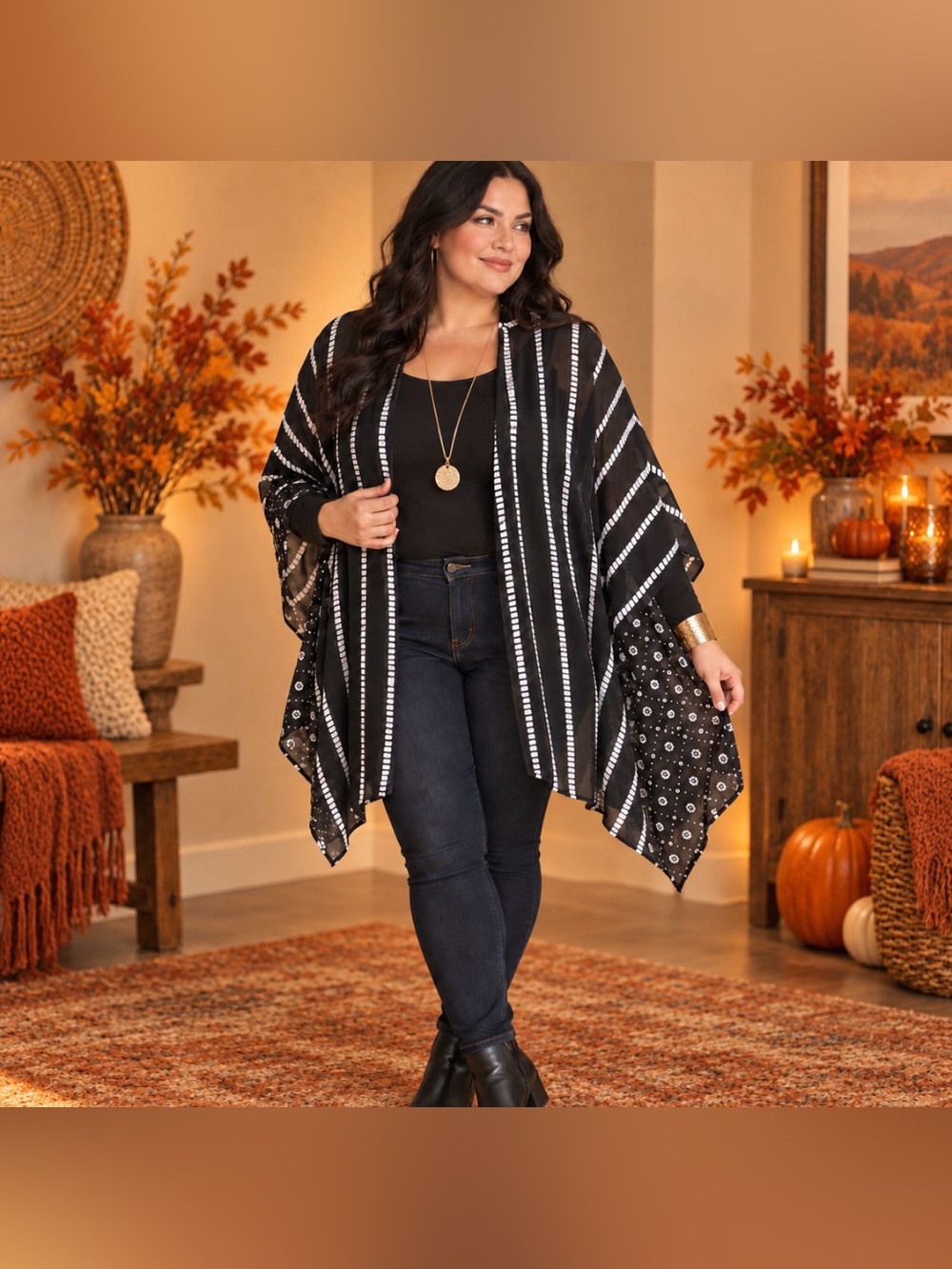 Lane Bryant- OSFM - Black & White Striped Open Front Women's Kimono Jacket